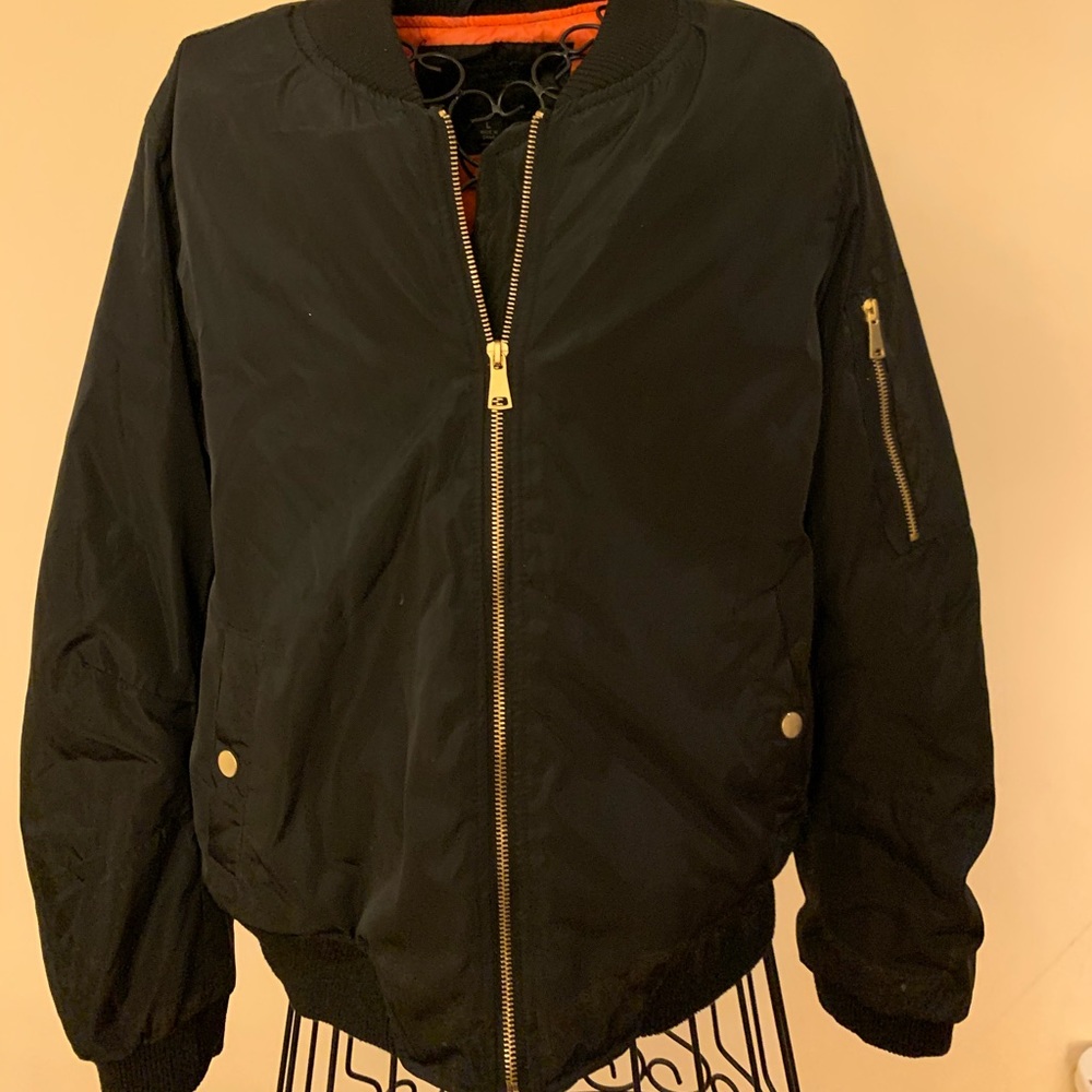 Black Bomber Jacket with Orange Inside